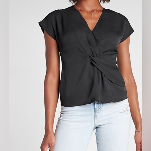 Express Twist Front True Black Short Sleeve V-Neck Blouse Size XL - DRAFT - Picture 2 of 7